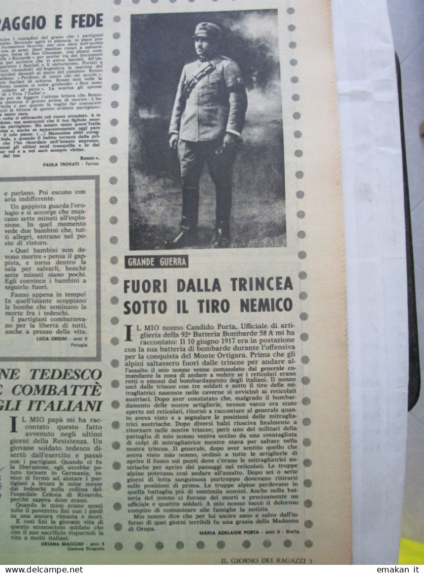 # IL GIORNO DEI RAGAZZI N 18 / 1965 ARTICOLO 1° GUERRA CANDIDO PORTA ARTIGLIERIA 92°BATTERIA BOMBARDE 58A - Erstauflagen