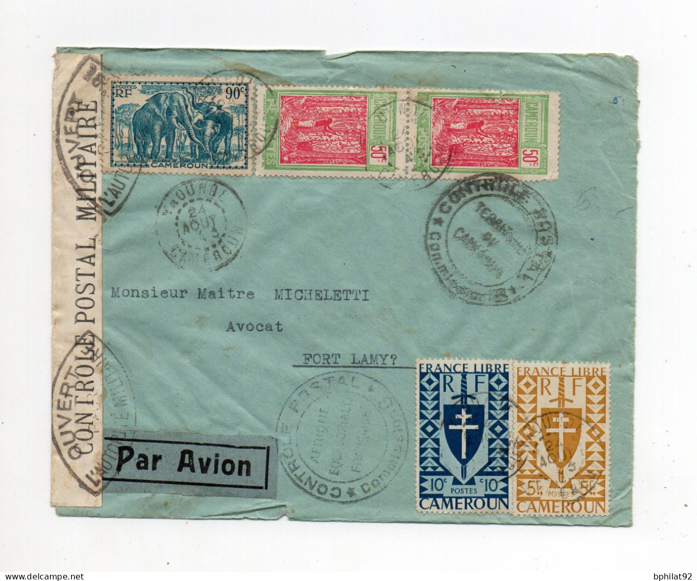 !!! CAMEROUN, LETTRE PAR AVION DE YAOUNDE POUR FORT LAMY DE 1943 AVEC CENSURES - Storia Postale