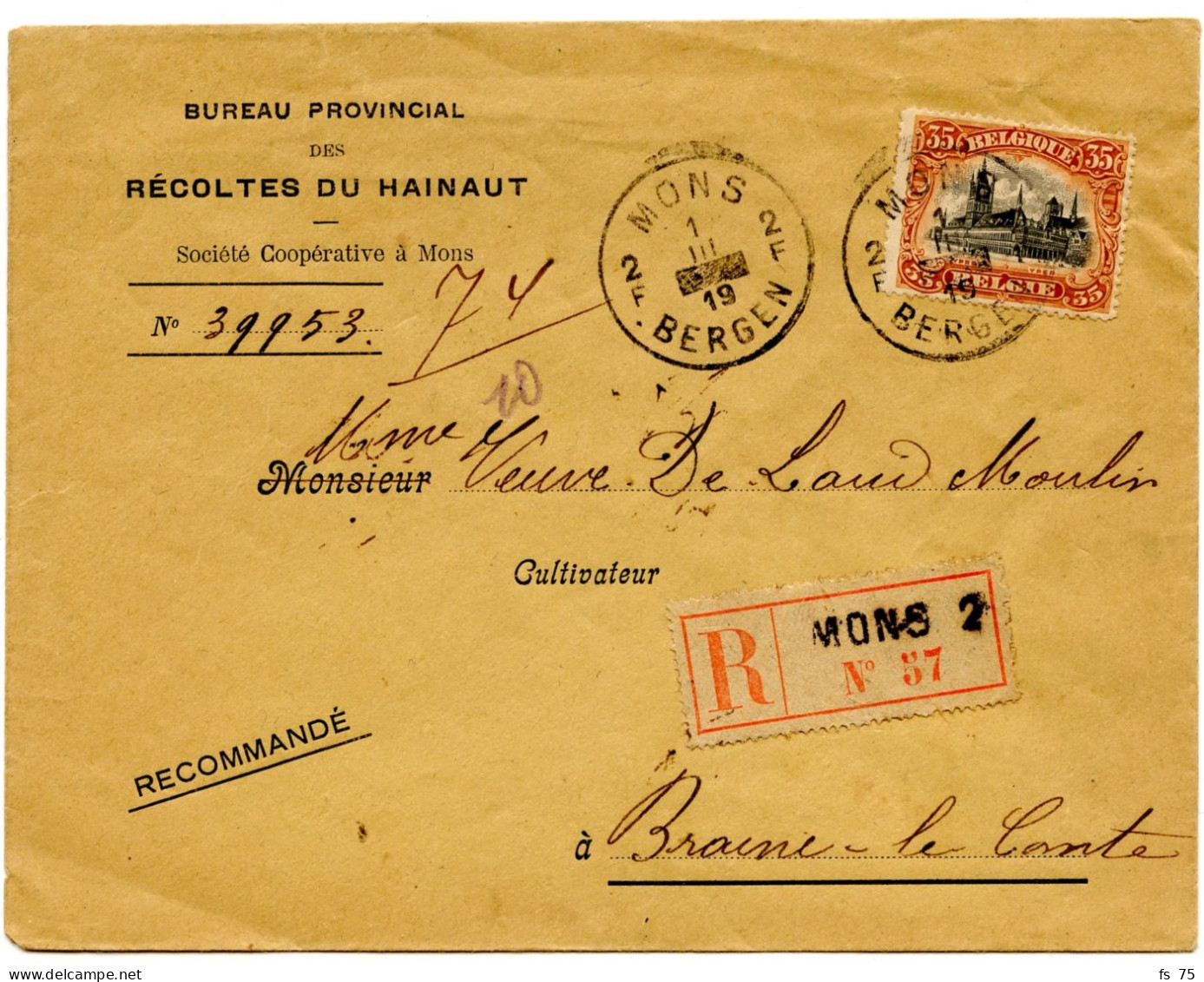 BELGIQUE - COB 142 SIMPLE CERCLE BILINGUE 2F MONS 2F SUR LETTRE RECOMMANDEE, 1919 - Covers & Documents