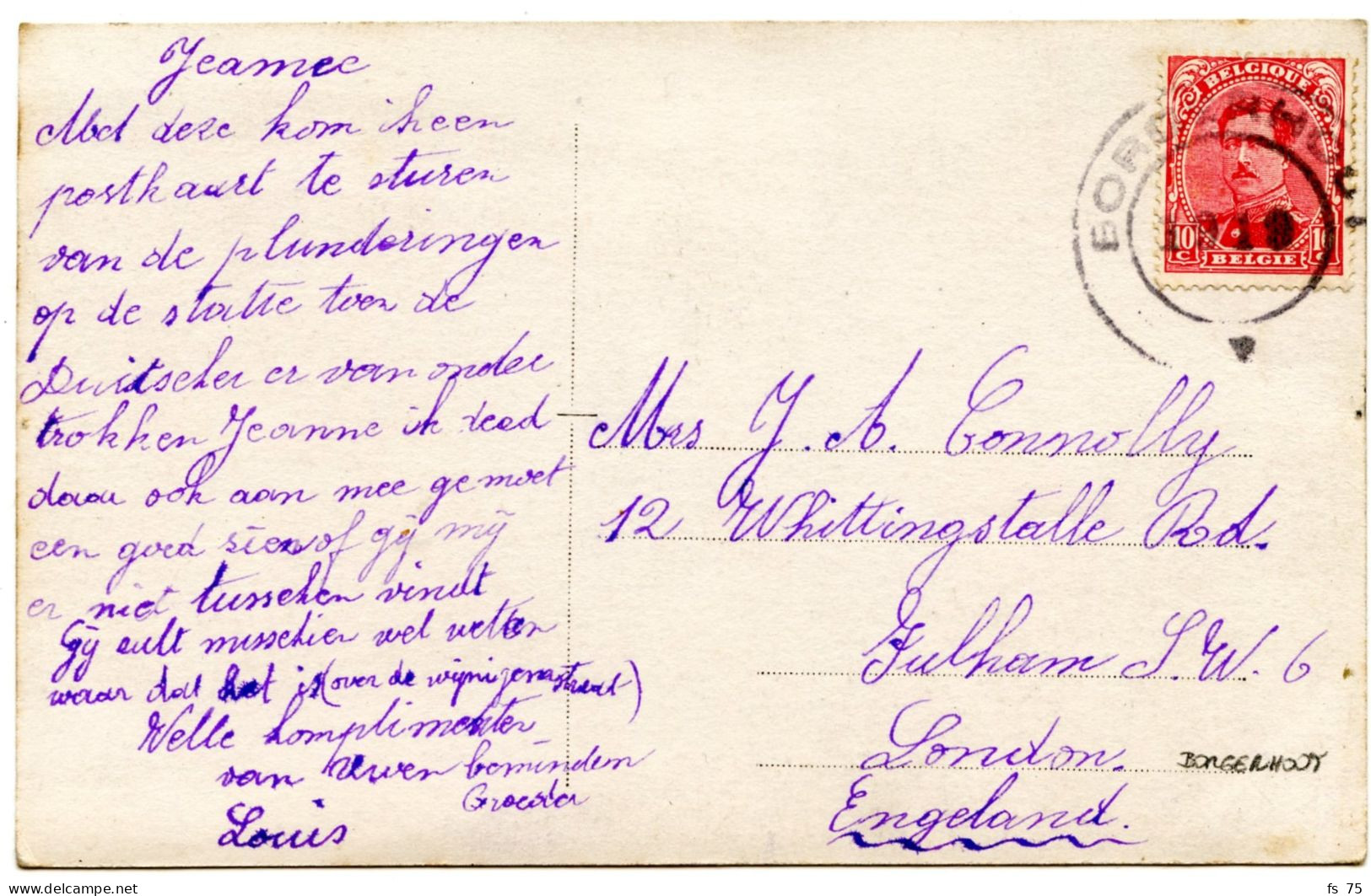 BELGIQUE - COB 138 CACHET CAOUTCHOUC BORGERHOUT SUR CARTE POSTALE, 1919 - Brieven En Documenten