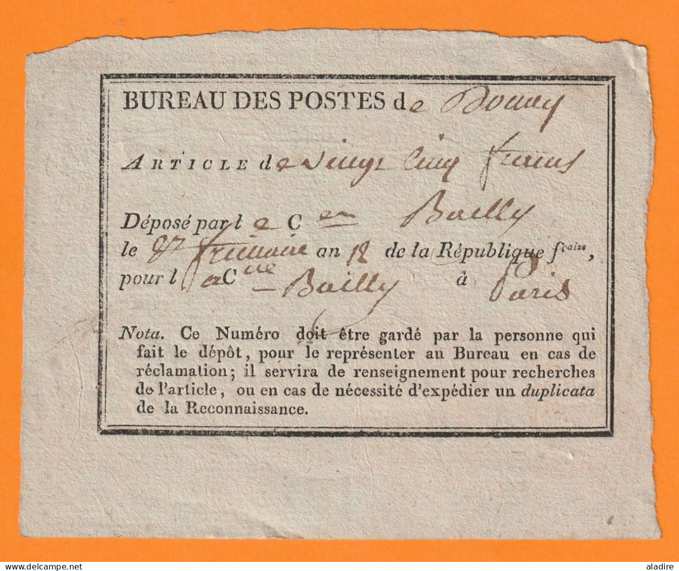 1804 - Récépissé De Dépôt Article De 25 F - Bureau Des Postes De Douay Douai, Nord -  Pour Paris - Règne Napoléon 1er - 1801-1848: Précurseurs XIX