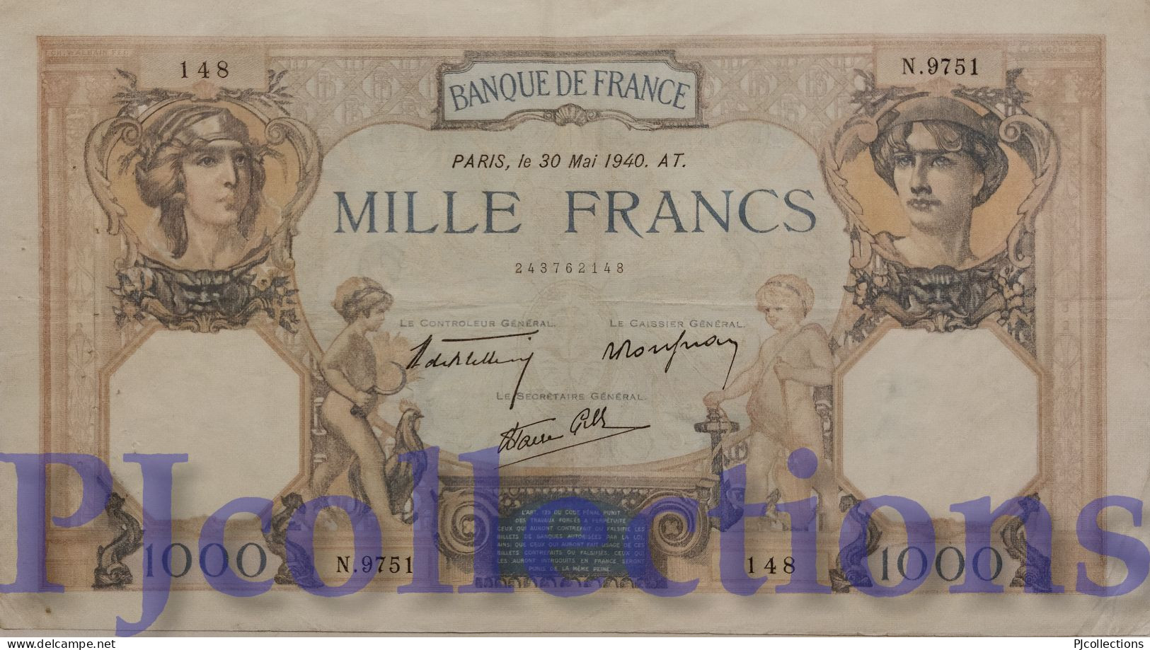 FRANCE 1000 FRANCS 1939/40 PICK 90c AVF W/PINHOLES - 1 000 F 1927-1940 ''Cérès Et Mercure''