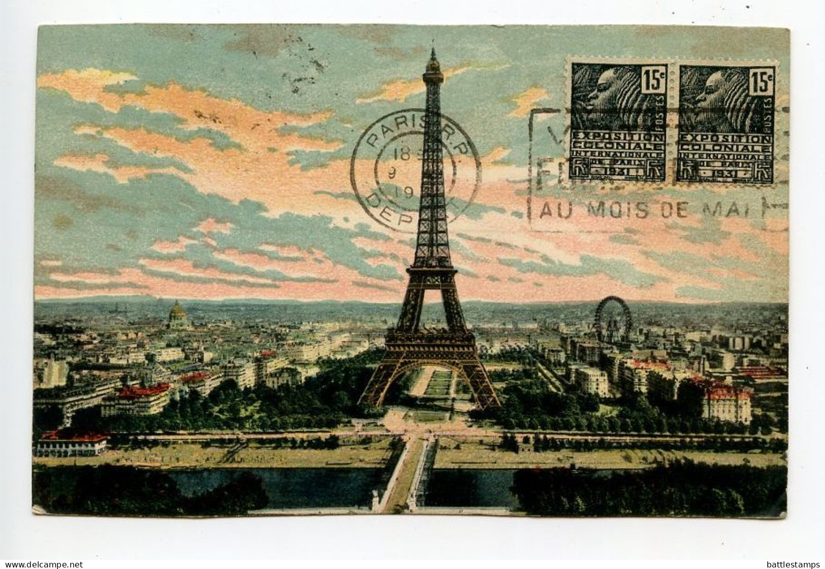 France 1931 Postcard Paris - Eiffel Tower; Scott 258 - 15c. Colonial Exposition, Fachi Woman, Pair - Tour Eiffel