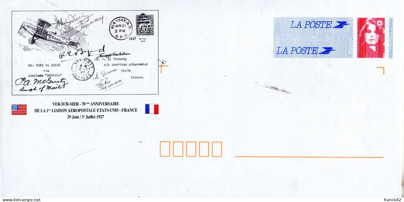 Enveloppe Pap. 70e Anniversaire De La 1ere Liaison Aéropostale Etats-Unis-France - Enveloppes Repiquages (avant 1995)