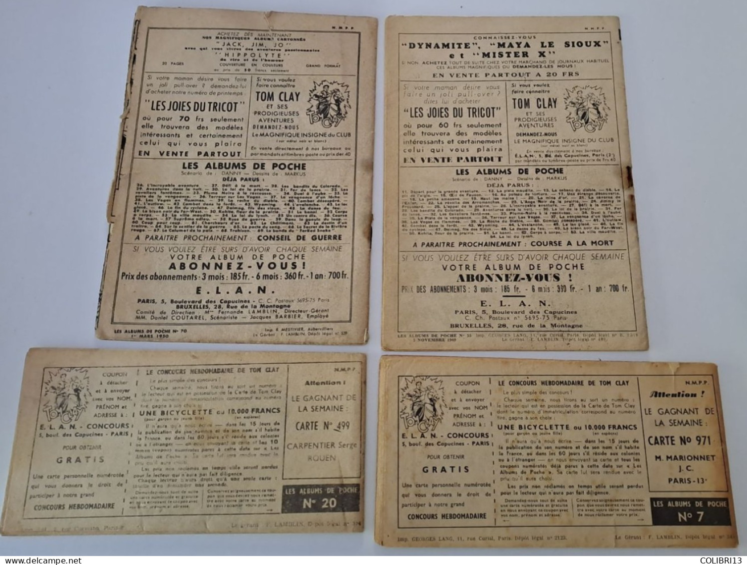RECITS COMPLETSlot De 4TOM CLAY N°7 ,20, 55, 70,    1948 Format à L'italienne Et Française - Wholesale, Bulk Lots