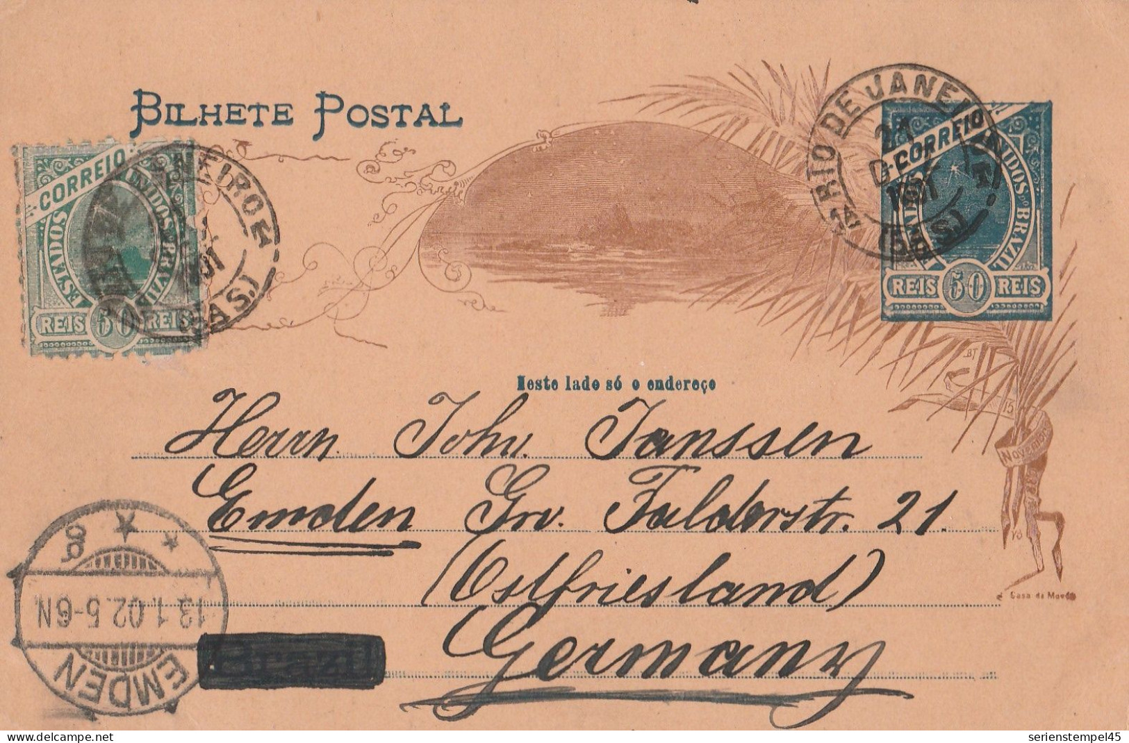 Brasilien Ganzsache Mit Zufrankatur 1902 Nach Emden Deutschland - Lettres & Documents