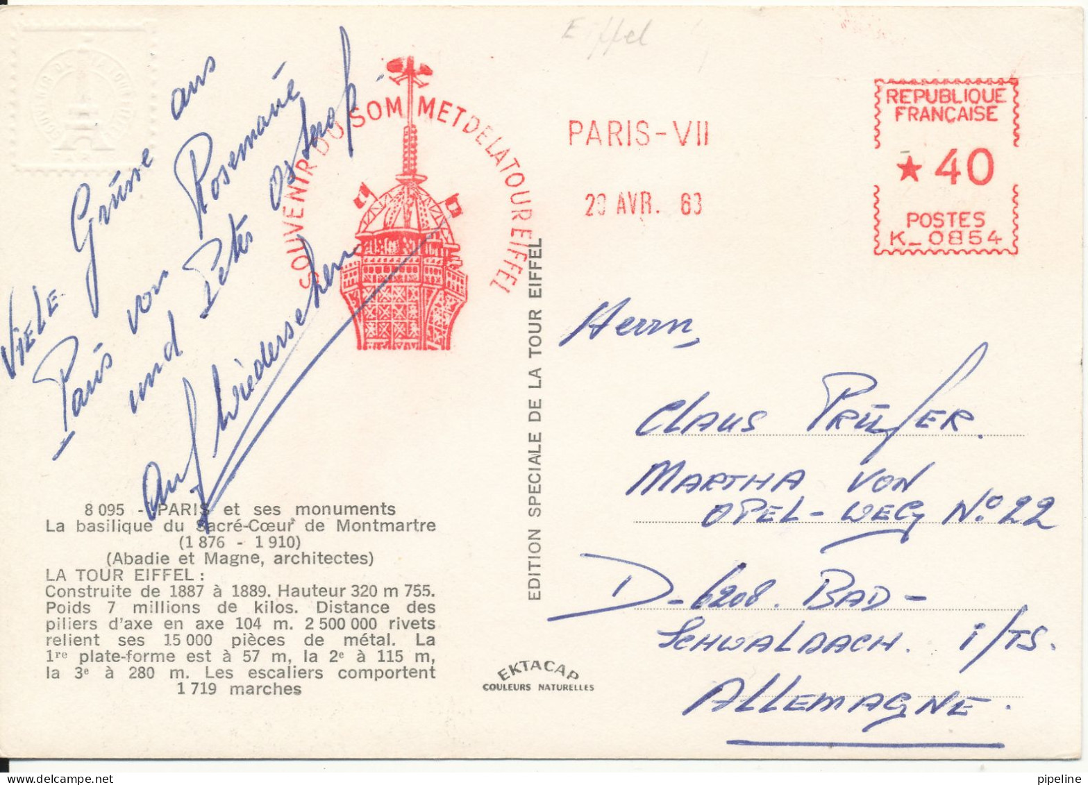France Postcard La Tour Eiffel Paris Sent To Germany 29-4-1968 With Red Meter Cancel - Tour Eiffel