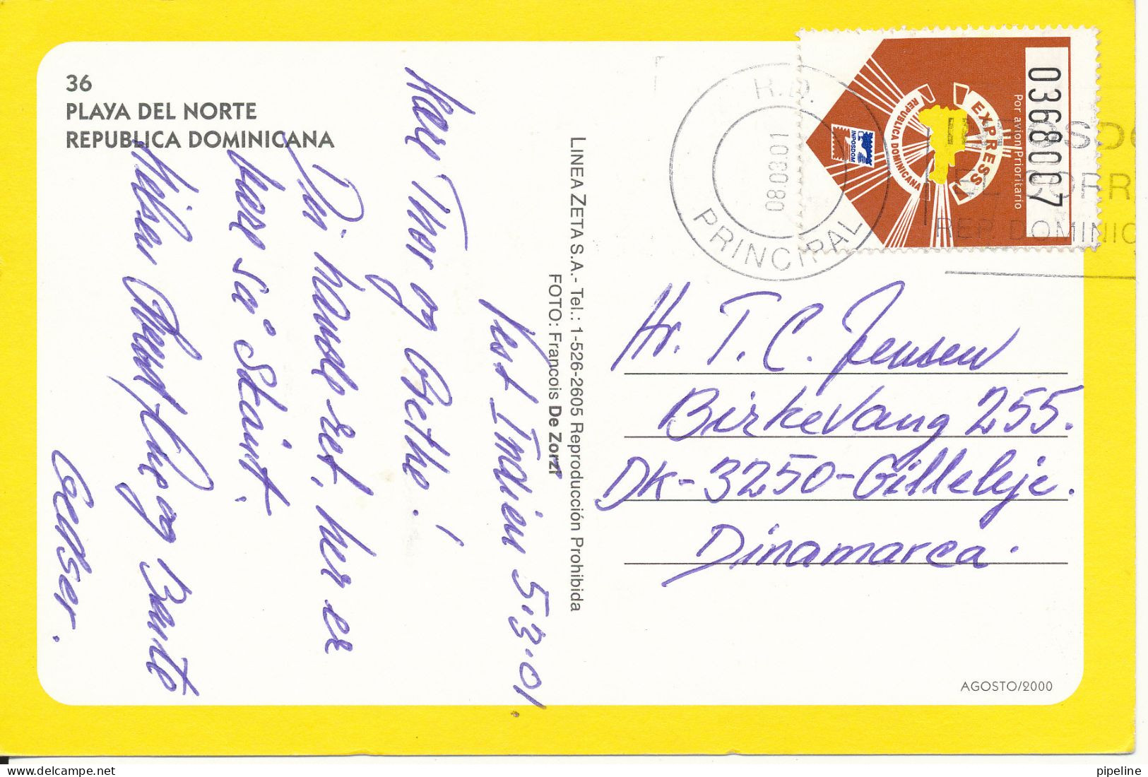 Dominicana Postcard Sent To Denmark 8-3-2001 (Playa Del Norte) - Dominican Republic
