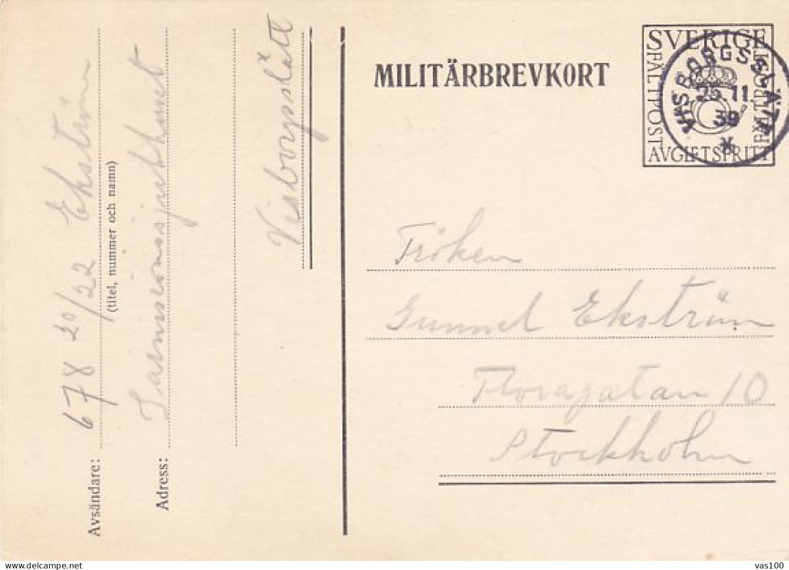 FREE OF CHARGE MILITARY FIELD POST PC STATIONERY, ENTIER POSTAL, 1939, SWEDEN - Militaire Zegels