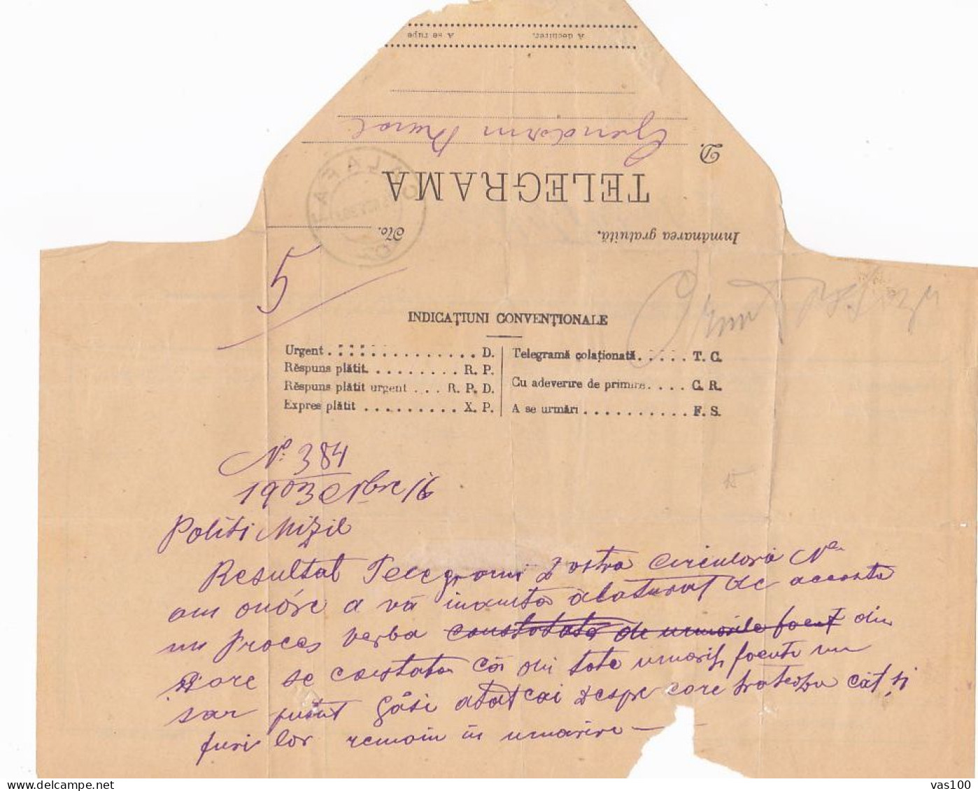 TELEGRAPH, TELEGRAME SENT FROM MIZIL TO CALAFAT, 1903, ROMANIA - Télégraphes