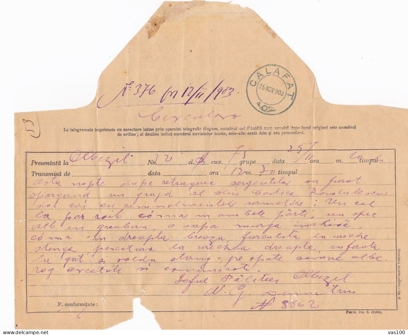 TELEGRAPH, TELEGRAME SENT FROM MIZIL TO CALAFAT, 1903, ROMANIA - Telégrafos