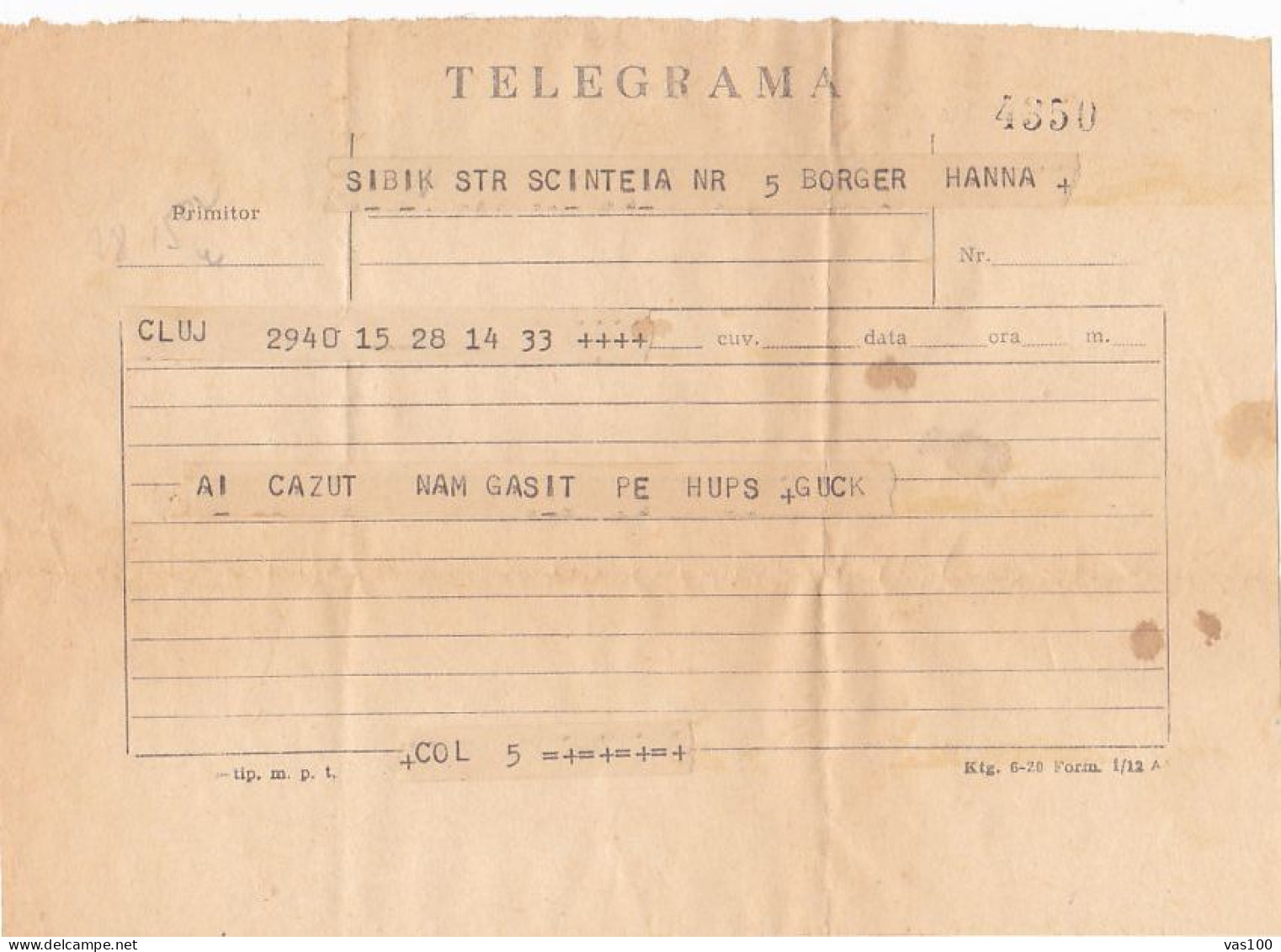 TELEGRAPH, TELEGRAME SENT FROM CLUJ NAPOCA TO SIBIU, 1954, ROMANIA - Telegraph