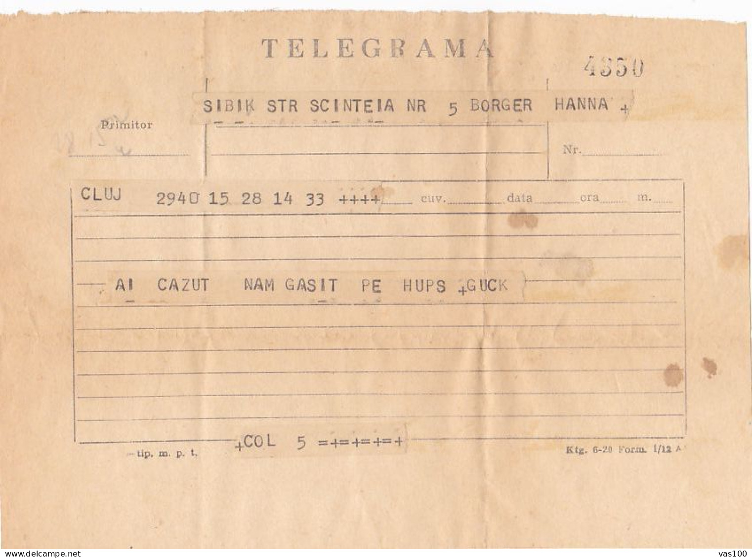 TELEGRAPH, TELEGRAME SENT FROM CLUJ NAPOCA TO SIBIU, 1954, ROMANIA - Telégrafos