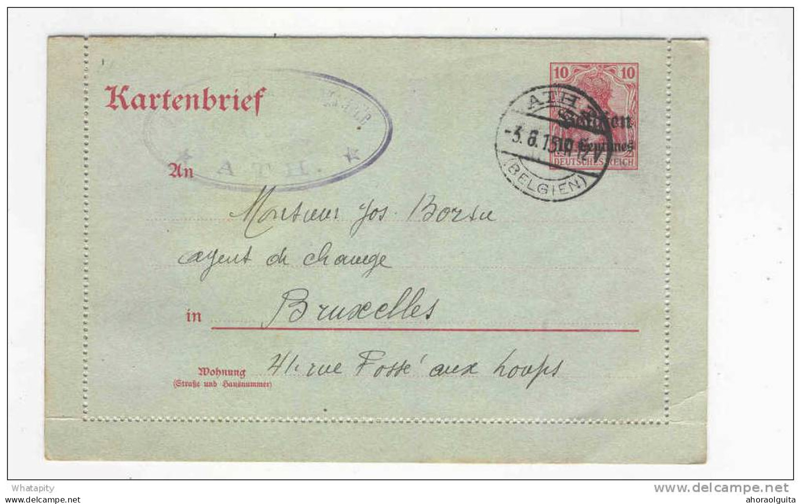 Entier Carte- Lettre Germania ATH 1915 Vers BXL - Censure De ATH  - Catalogue SBEP 35 Euros --  B4/168 - German Occupation