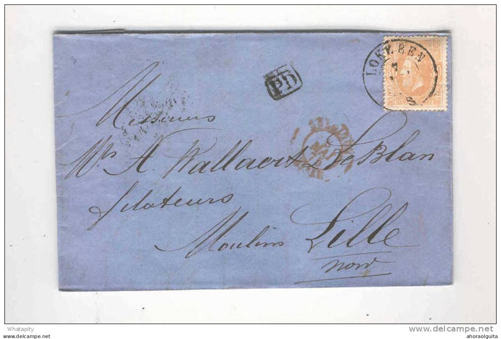 Lettre TP 33 LOKEREN 1875  Vers LILLE - RARE Cachet De Passage MOUSCRON  --  B4/085 - Bureaux De Passage