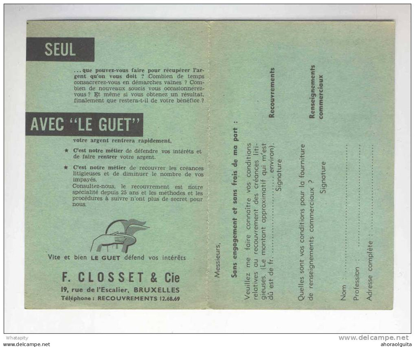 IMPRIME Carte Privée Recouvrement De Créances F. Closset à BRUXELLES - Empreinte Mécanique 20 C E 419  --  B4/114 - Sonstige & Ohne Zuordnung