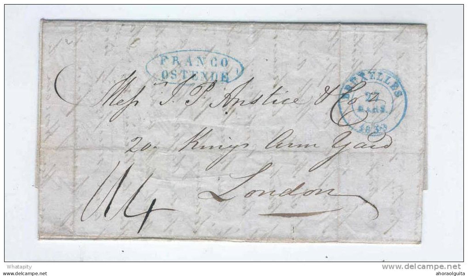 Précurseur BRUXELLES 1839 Vers Londres - Cachet Oval Bleu FRANCO OSTENDE - Port 1 / 4  --  B4/088 - 1830-1849 (Belgique Indépendante)