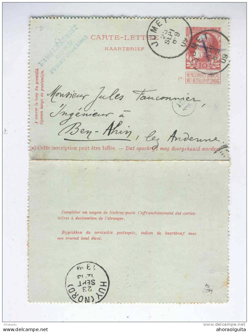 Carte-Lettre Grosse Barbe JUMET 1909 Vers BEN AHIN (HUY Nord) - Cachet Privé L'Abbé Haumont , Curé à Jumet  --  MM856 - Letter-Cards