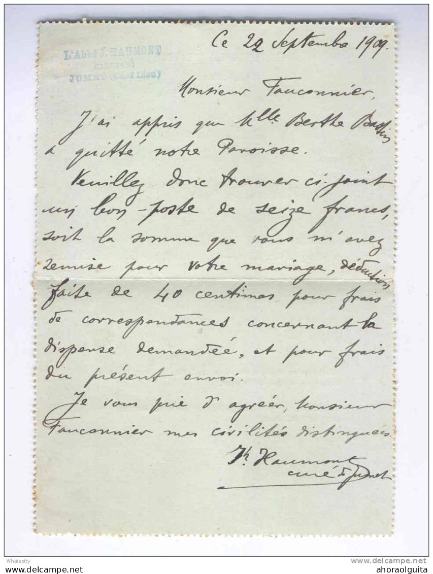 Carte-Lettre Grosse Barbe JUMET 1909 Vers BEN AHIN (HUY Nord) - Cachet Privé L'Abbé Haumont , Curé à Jumet  --  MM856 - Letter-Cards
