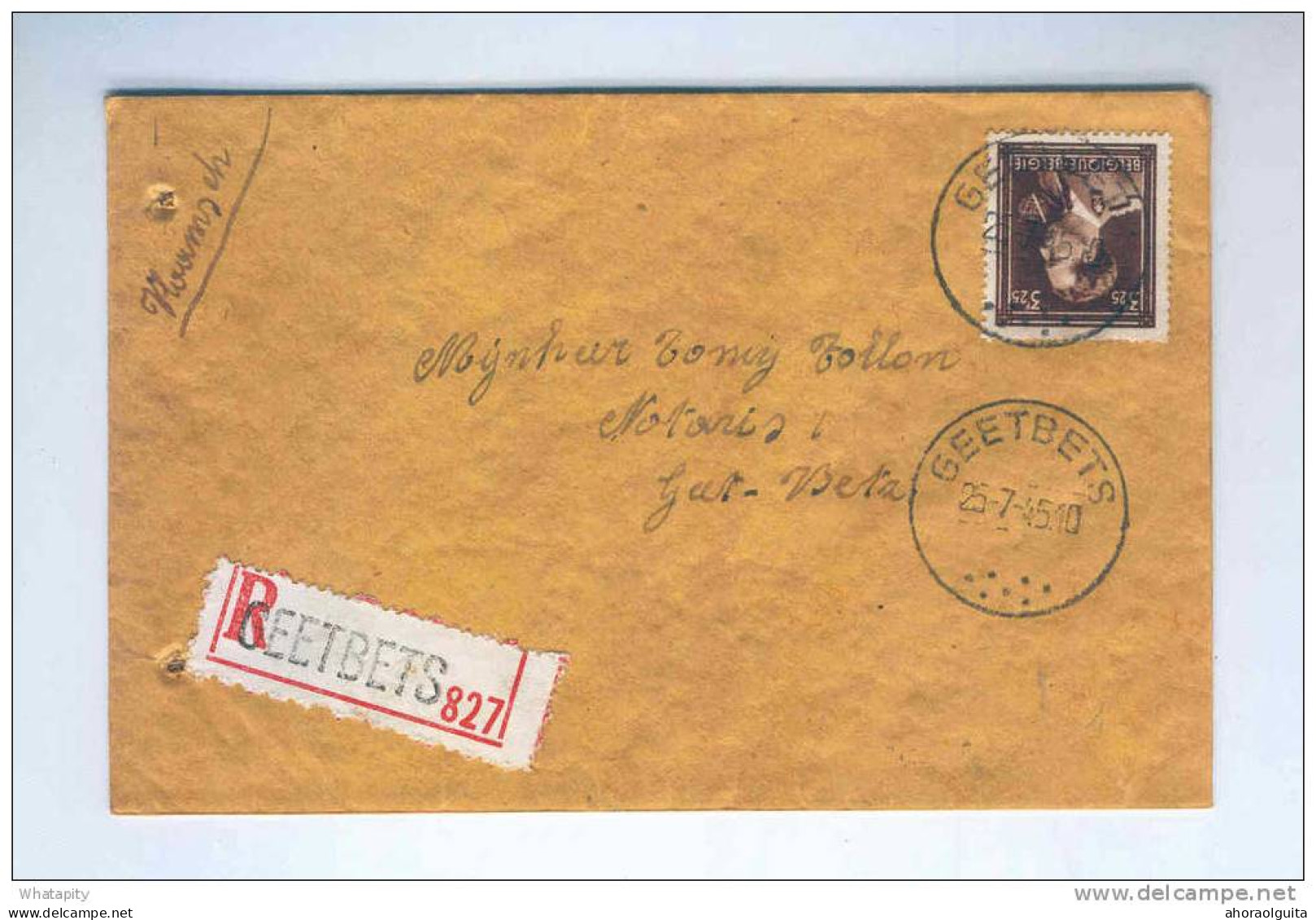 Lettre RECOMMANDEE TP Col Ouvert GEET - BETZ 1945 - Très Grande GRIFFE Sur Etiquette Reco  --  LL912 - 1936-1957 Open Kraag