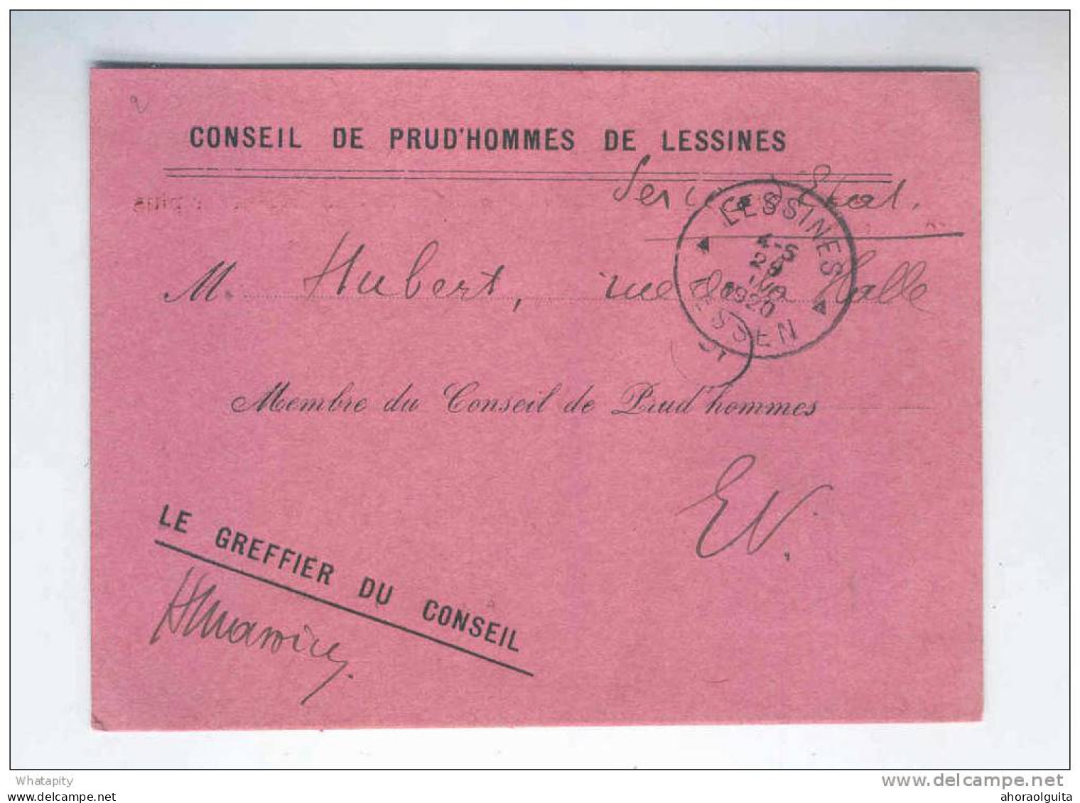 Carte De Service En FRANCHISE Du Conseil De Prud ' Hommes De LESSINES 1920--  LL916 - Franchise