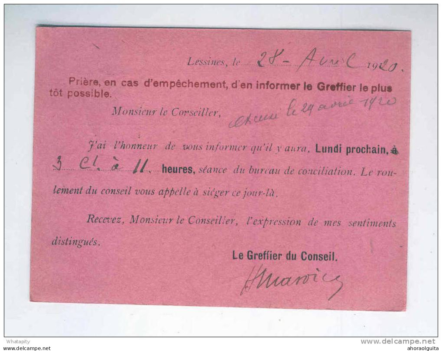 Carte De Service En FRANCHISE Du Conseil De Prud ' Hommes De LESSINES 1920--  LL916 - Portofreiheit