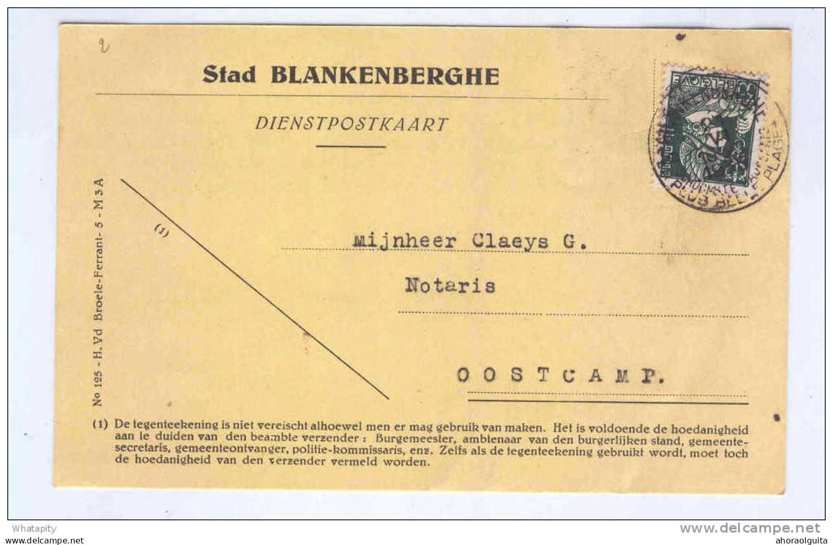 Carte De Service - Dienstpostkaart Stad BLANKENBERGHE TP Cérès 1935  Vers Notaire à OOSTCAMP  --  LL897 - 1932 Ceres And Mercurius