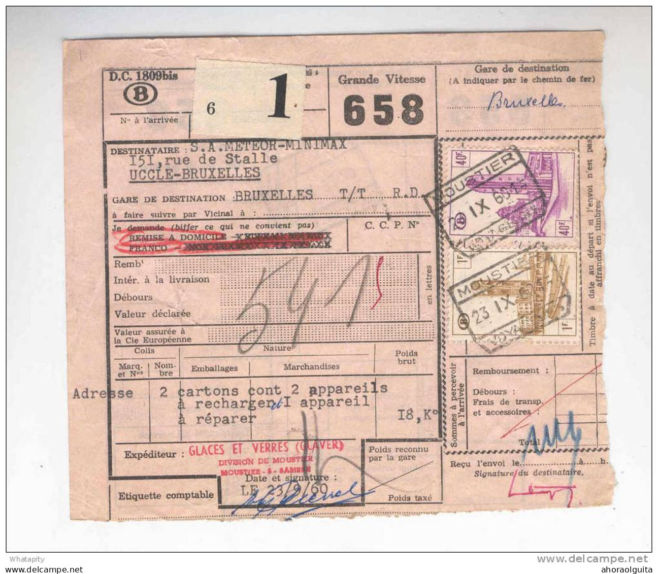 Bulletin De Colis Postal Cachet De Gare MOUSTIER 1960 - Cachet Glaver Glaces Et Verre --  B2/236 - Other & Unclassified