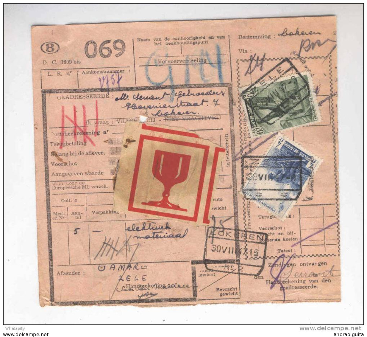 Bulletin De Colis Postal Cachet De Gare ZELE 1947 Vers LOKEREN  --  B2/232 - Otros & Sin Clasificación