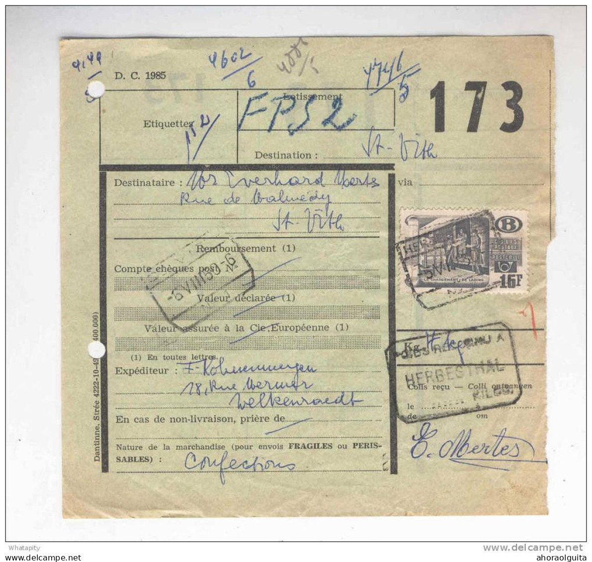 Bulletin De Colis Postal Cachet De Gare HERBESTHAL 1950 - Cachet Poids Reconnu  --  B2/230 - Other & Unclassified