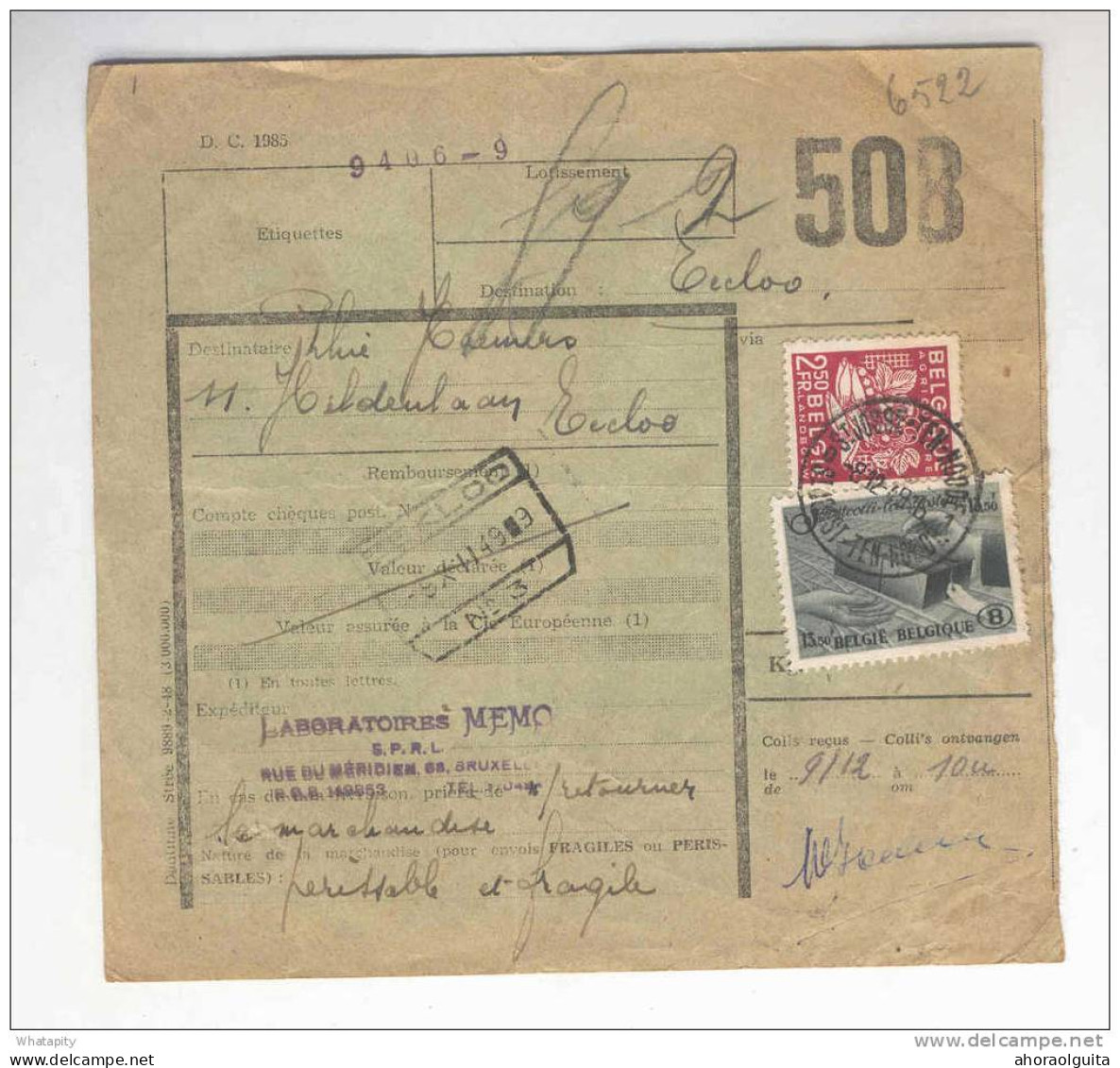 Bulletin De Colis Postal Affranchissement MIXTE Avec TP Exportations Cachet Postal ST JOSSE TEN NOODE 1949  --  B2/227 - Autres & Non Classés