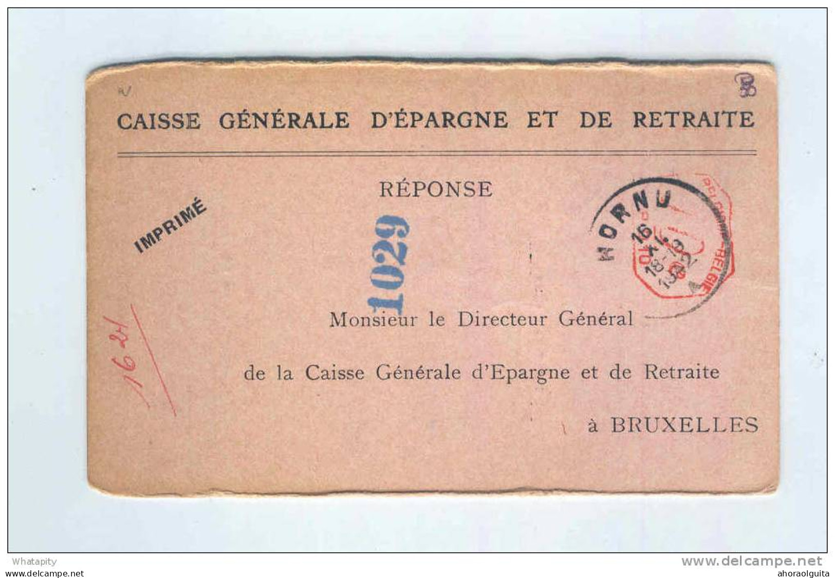 IMPRIME REPONSE Caisse D'Epargne HORNU 1942 - Empreinte Mécanique - Cachet Administration Communale  --  LL917 - Sonstige & Ohne Zuordnung