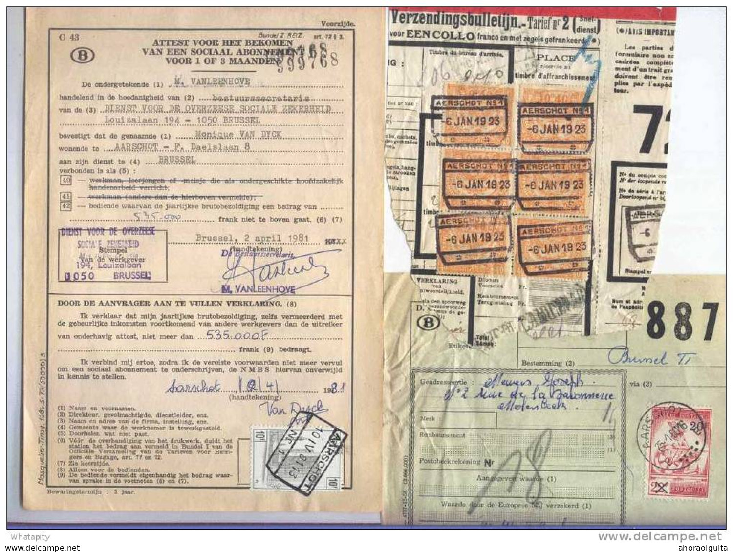 2 Formulaires Et 1 Fragment 1923/1981 - Cachets De Gare AERSCHOT  --  B2/093 - Other & Unclassified