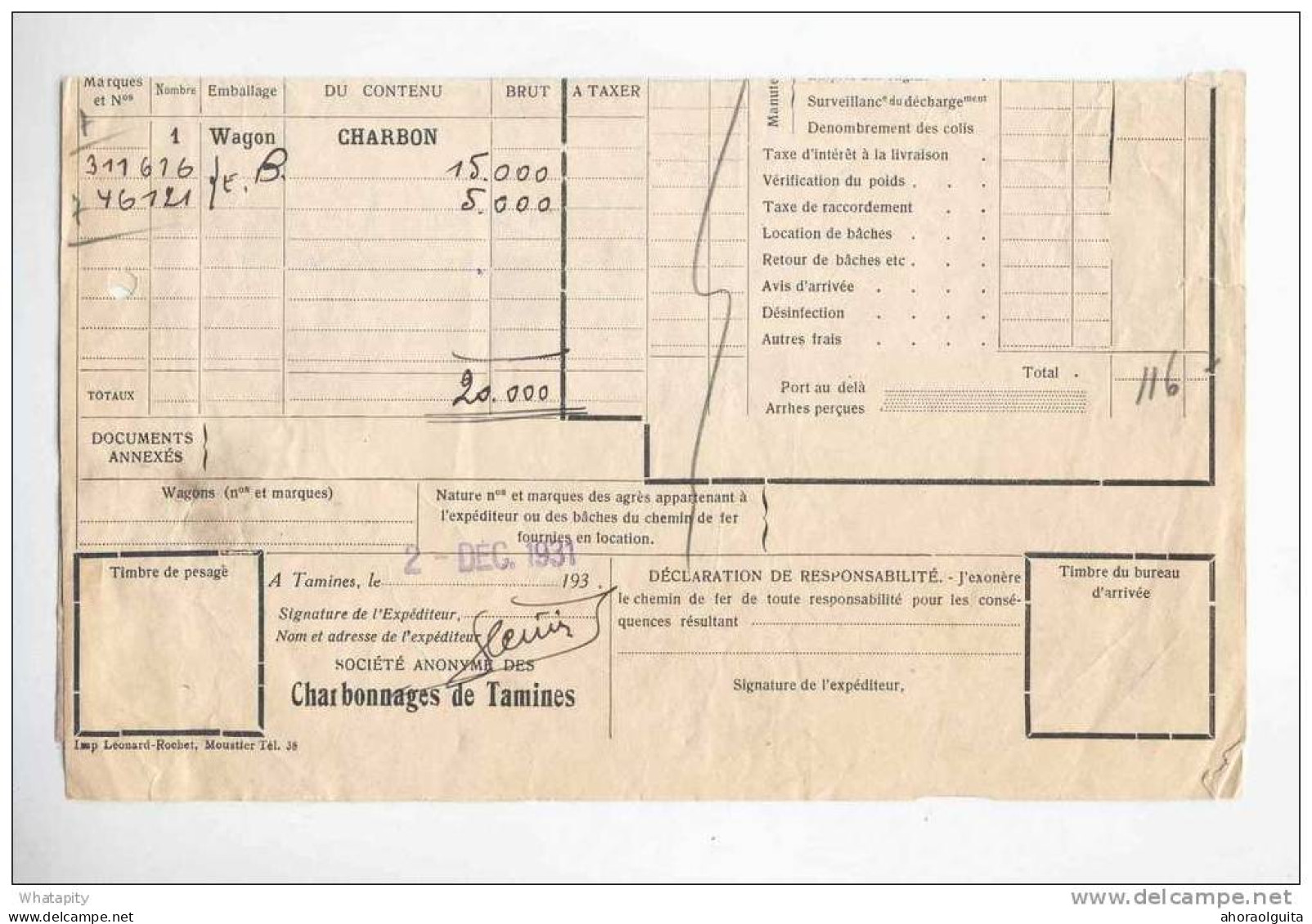 Lettre De Voiture Cachet De Gare Hexagonal TAMINES - MOIGNELEE 1931 - Entete Charbonnages De TAMINES  --  B2/216 - Otros & Sin Clasificación