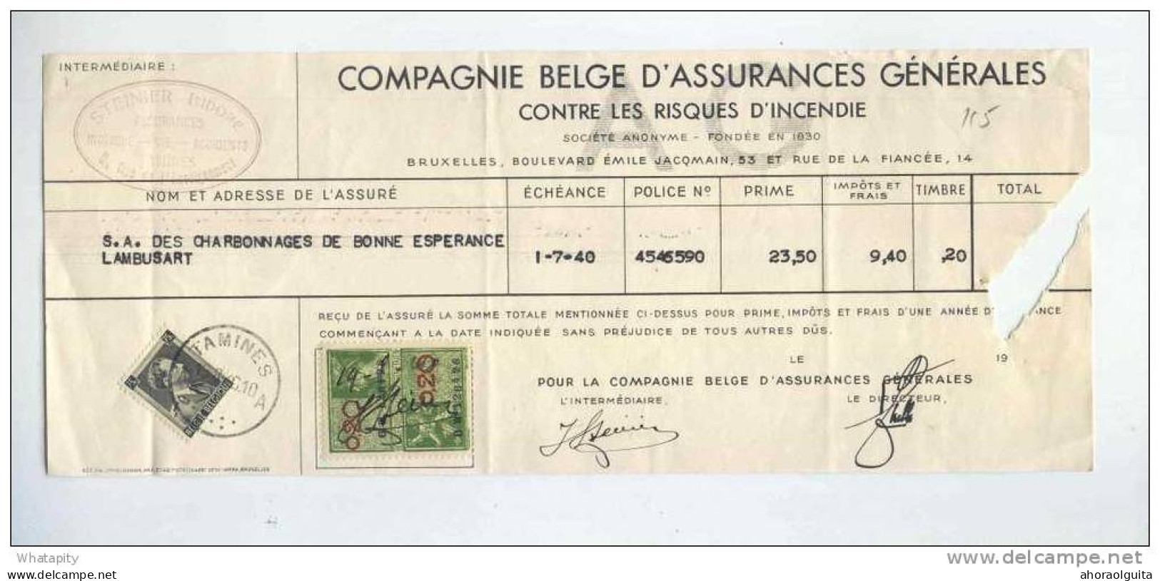 Reçu TP Col Ouvert TAMINES 1940 + Fiscal - Cachet Assurances Steinier à TAMINES - Compagnie D'Assurances AG  --  B2/089 - 1936-1957 Col Ouvert