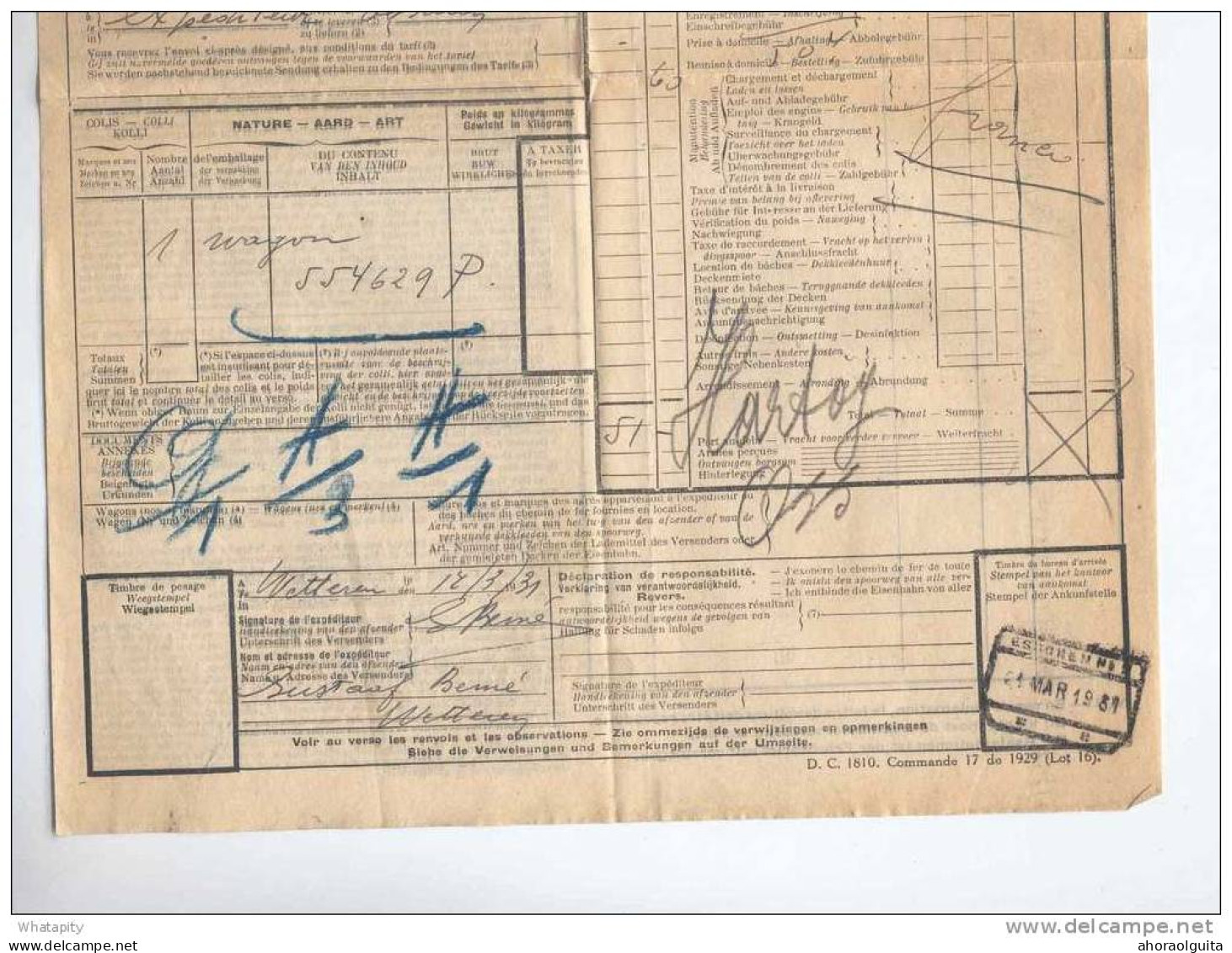 Lettre De Voiture Cachet De Gare WETTEREN 1931 Vers ESSCHEN - Emploi TARDIF Du Grand Rectangle   --  B2/218 - Sonstige & Ohne Zuordnung