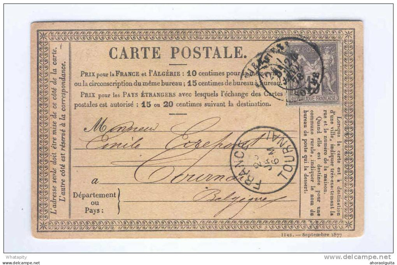 FRANCE - Carte Précurseur TP Sage AMIENS 1878 Vers TOURNAI - Marque De Passage FRANCE TOURNAI  --  PP841 - Doorgangstempels