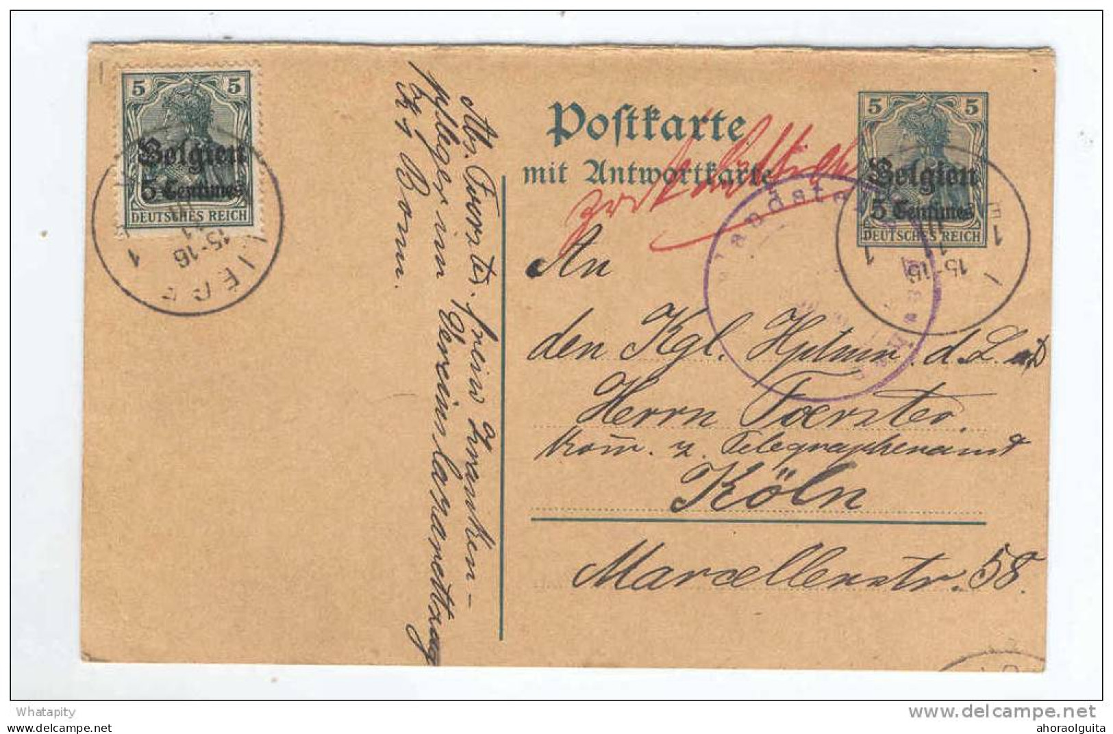 Entier Germania 5 Centimes Avec Réponse LIEGE 1915 Vers KOLN Et RETOUR - Zuruck Luttich  -- B6/437 - Deutsche Besatzung