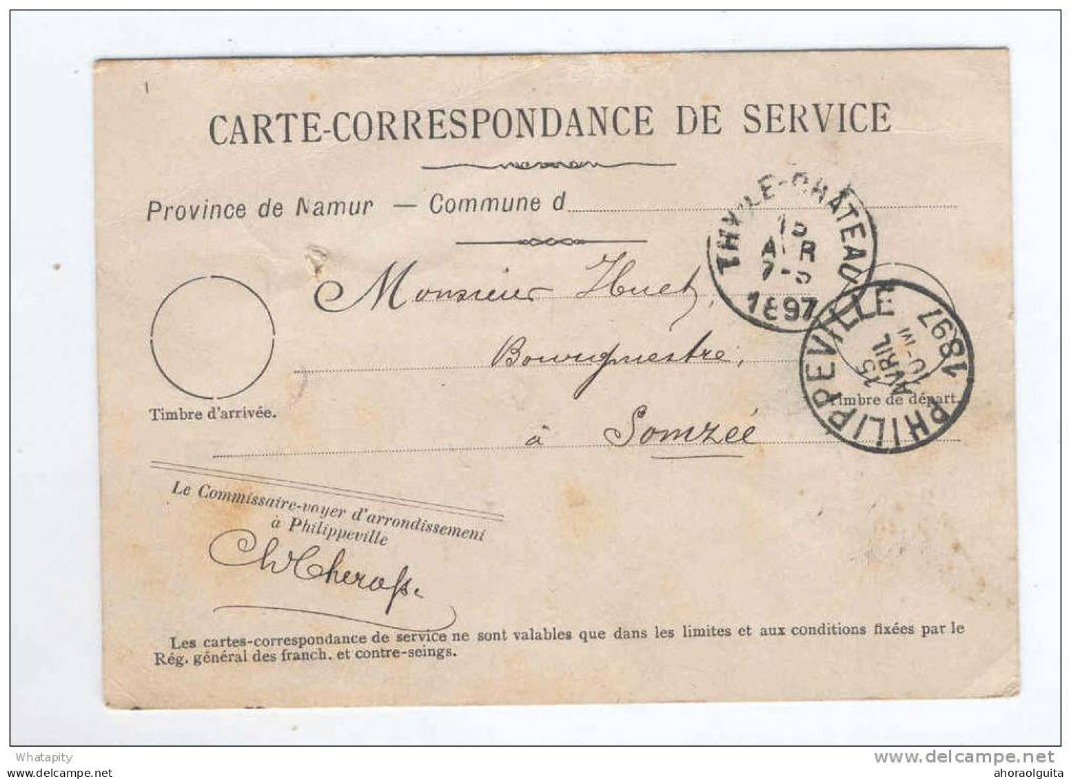 Carte De Service Commissaire Voyer De PHILIPPEVILLE 1897 Vers SOMZEE Par THY LE CHATEAU  --  B6/265 - Franchise