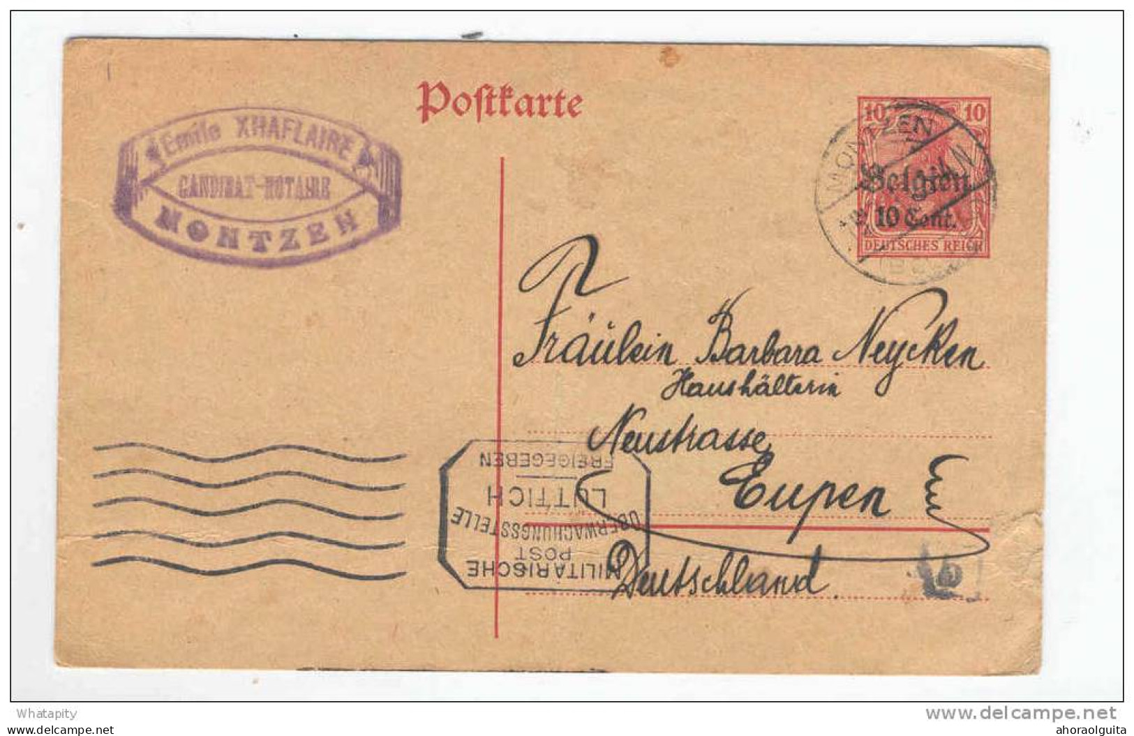 Entier Germania Cachet Allemand MONTZEN Belgien 1918 Vers EUPEN Deutschland !!! Entre CANTONS De L'EST  -- B6/436 - Occupazione Tedesca