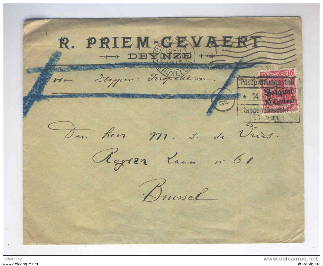 Lettre TP Germania  DEYNZE 1915 Vers Bruxelles - Censure Etappen GENT  --  B6/156 - OC26/37 Etappengebied.