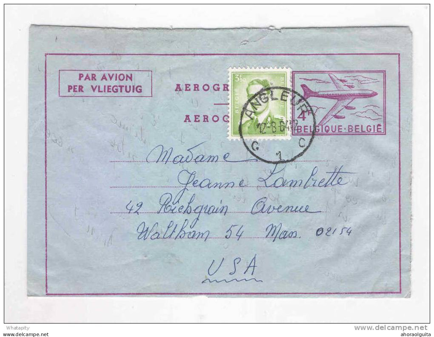 Aérogramme 4 F + TP Baudouin Lunettes ANGLEUR 1964 Vers USA  --  PP102 - Aerogramas