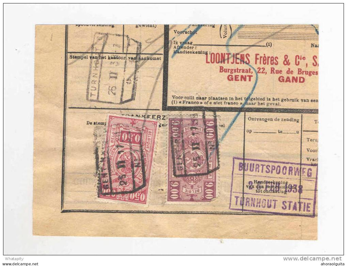 VICINAL - Fragment De Bulletin D'Expédition GENT 1938 - TB Cachet Buurtspoorweg TURNHOUT STATIE  --   B6/075 - Autres & Non Classés