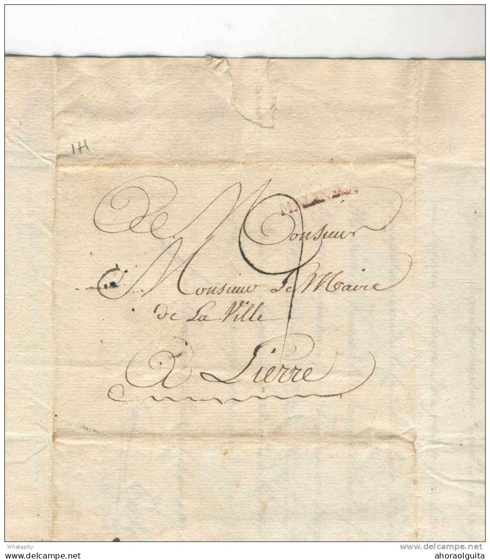 Lettre Précurseur Griffe MALINES Juin 1814 Vers Maire De LIERRE - Port Encre 2  --  B6/037 - 1814-1815 (Gouv. Général De La Belgique)