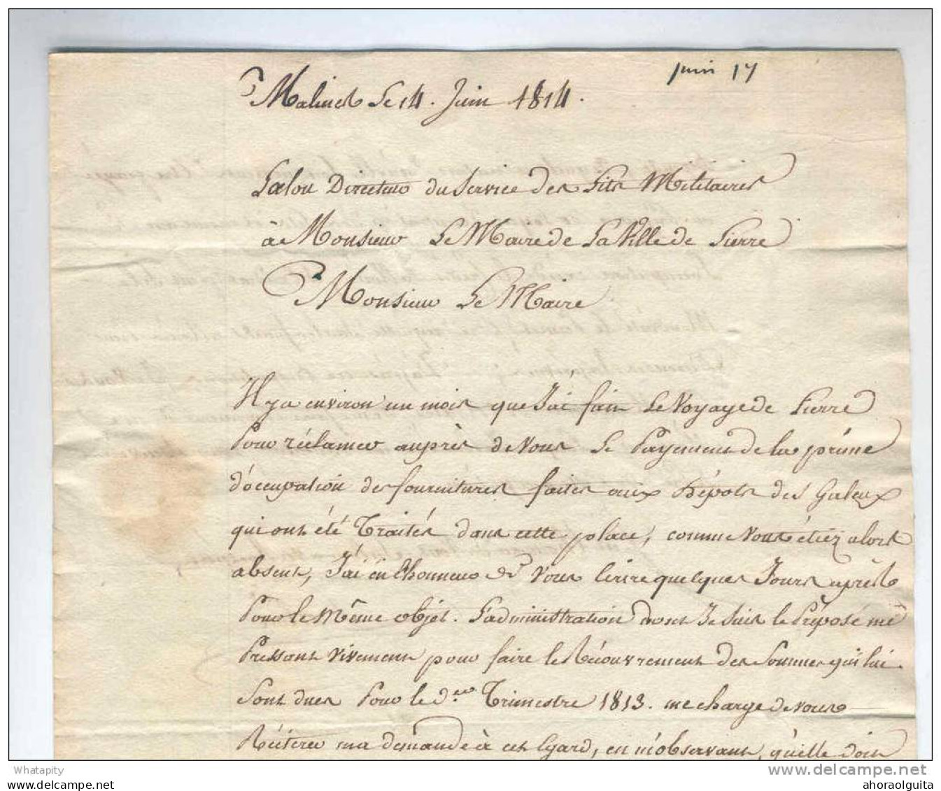 Lettre Précurseur Griffe MALINES Juin 1814 Vers Maire De LIERRE - Port Encre 2  --  B6/037 - 1814-1815 (Governo Generale Del Belgio)