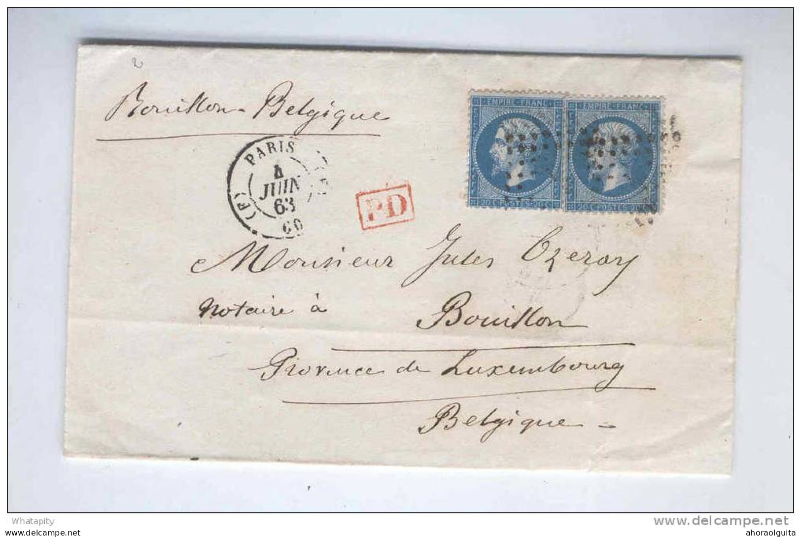 Lettre France Paire TP 22 PARIS 1863 Vers BOUILLON - Entrée Belge Par ARLON (PEU COMMUN)  --  B5/657 - Bureaux De Passage