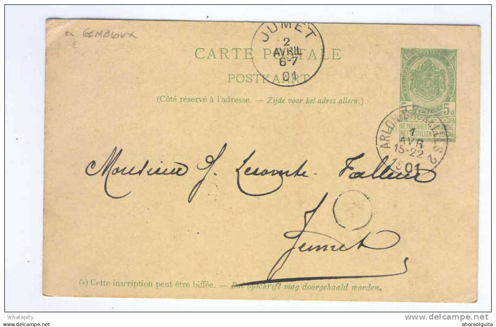 Entier Postal AMBULANT ARLON - BRUXELLES 2  1901 Origine GEMBLOUX  - Expéditeur Cassart - De Fernelmont  --  B5/528 - Ambulantes
