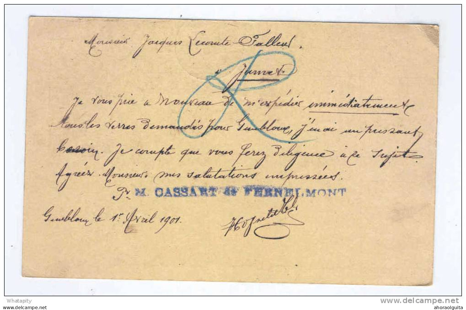 Entier Postal AMBULANT ARLON - BRUXELLES 2  1901 Origine GEMBLOUX  - Expéditeur Cassart - De Fernelmont  --  B5/528 - Ambulants