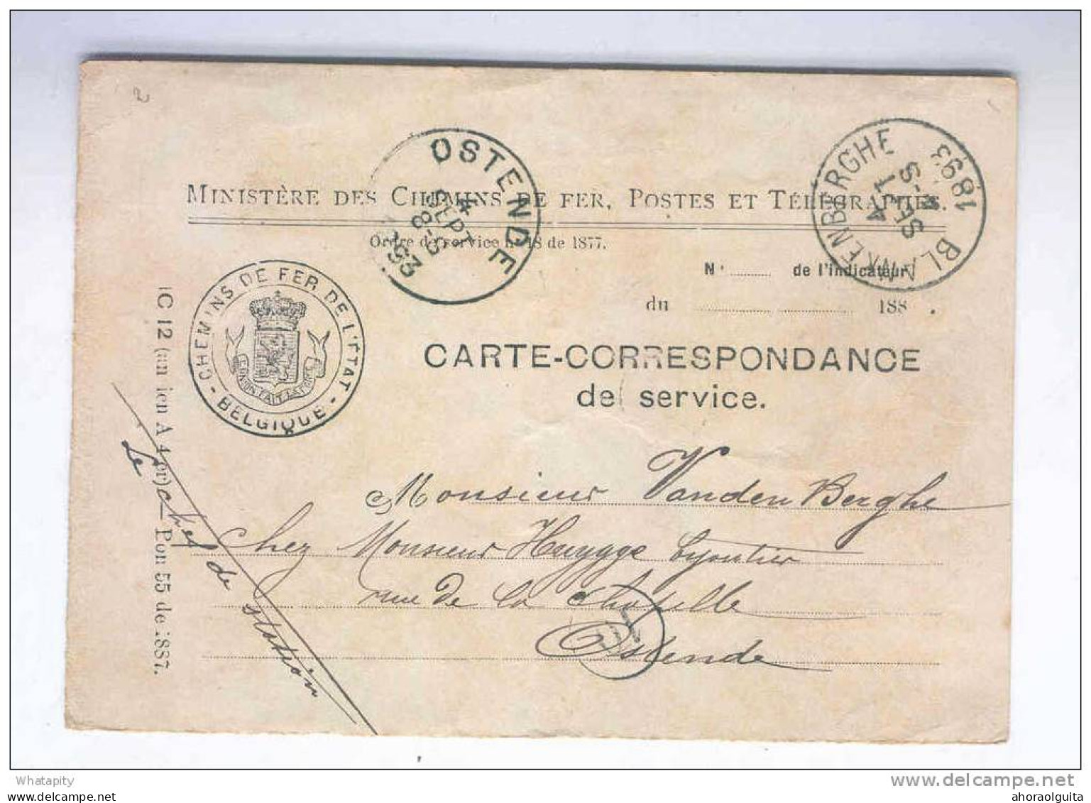 Carte De Service Chemins De Fer En FRANCHISE - BLANKENBERGHE 1893 Vers OSTENDE - Le Chef De Station  --  B5/391 - Franchise