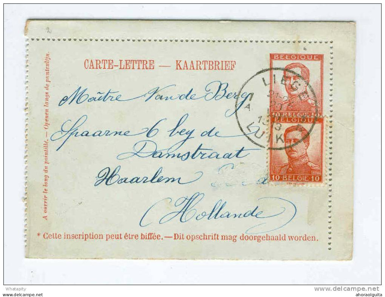 Carte-Lettre Pellens + TP 10 C Dito LIEGE 1913 Vers HAARLEM - TARIF PREFERENTIEL NL à 20 C  --  14/793 - Postbladen